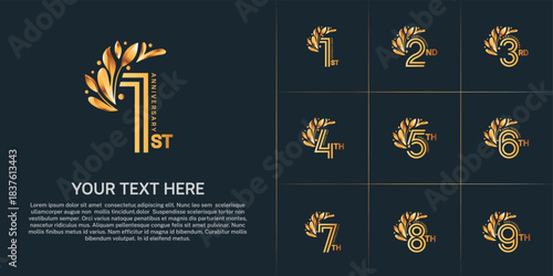 Anniversary logo type set with double line number and floral ornament. golden color for celebration event