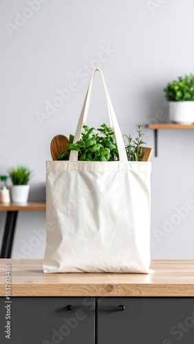 White tote bag filled with fresh herbs sits on kitchen counter