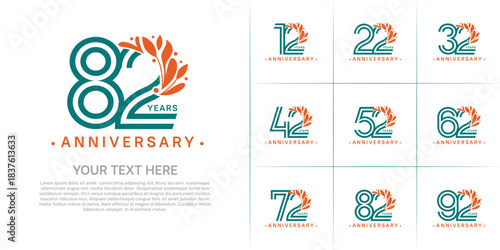 Anniversary logo type set with double line number and orange floral ornament. green color for celebration event