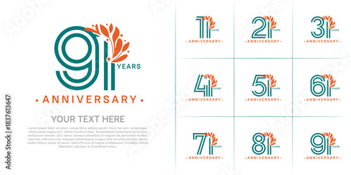 Anniversary logo type set with double line number and orange floral ornament. green color for celebration event
