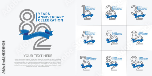 Anniversary logo type set with double line number. grey color with blue ribbon for celebration event