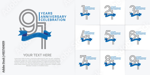 Anniversary logo type set with double line number. grey color with blue ribbon for celebration event