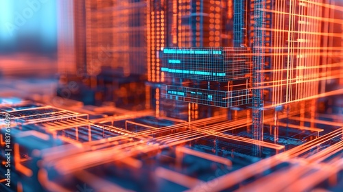 Fototapeta Naklejka Na Ścianę i Meble -  A vibrant, futuristic digital landscape featuring intricate neon lines and structures, illustrating technological innovation and connectivity.