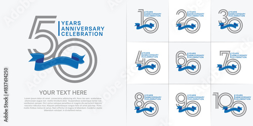 Anniversary logo type set with double line number. grey color with blue ribbon for celebration event