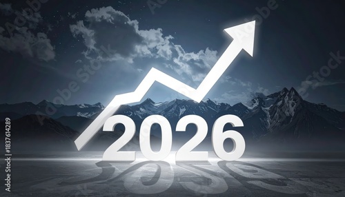 A visual representation of future year growth, with the year 2026 prominently displayed alongside an upward-trending arrow. The image, suitable for illustrating forecasts, success, or progress.