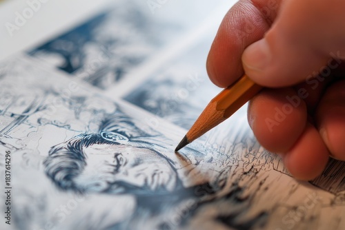 Close-up of a hand sketching a comic book panel with a pencil