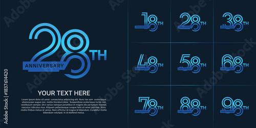 Anniversary logo type set with double line number. blue color with ribbon for celebration event
