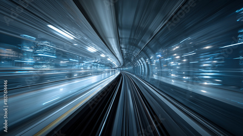 Futuristic subway tunnel with motion blur effect showing high speed movement. Abstract transportation concept with dynamic light trails, modern urban technology, and fast travel atmosphere.