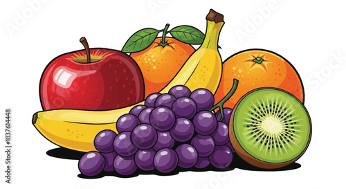 Vibrant and Detailed Illustration of a Group of Fresh Tropical and Temperate Fruits