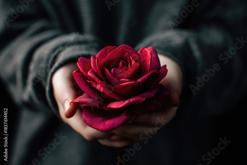 Darkly lit hands gently cradling a single, deep red rose