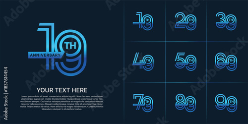 Anniversary logo type set with double line number. blue color with ribbon for celebration event