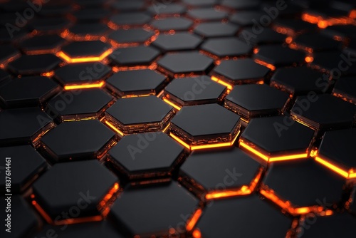 Glowing orange lines illuminate a dark, hexagonal pattern