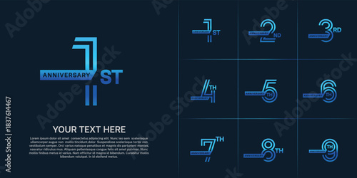Anniversary logo type set with double line number. blue color with ribbon for celebration event
