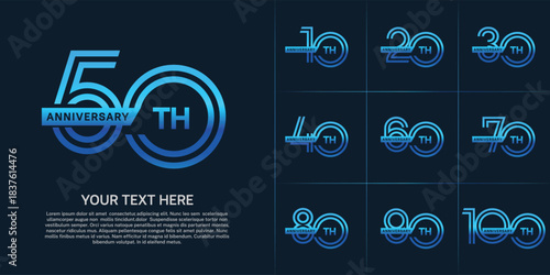 Anniversary logo type set with double line number. blue color with ribbon for celebration event
