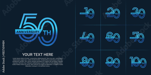 Anniversary logo type set with double line number. blue color with ribbon for celebration event