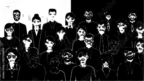 Surreal black and white portrait of a mysterious and unsettling crowd.