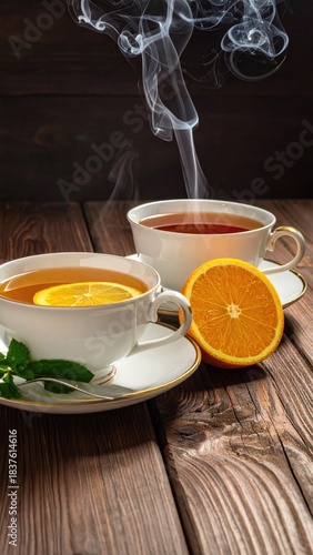 Tea cups, orange slices, steam, wood