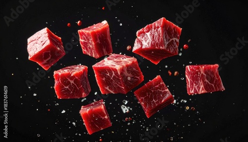 Floating meat cubes on dark background
