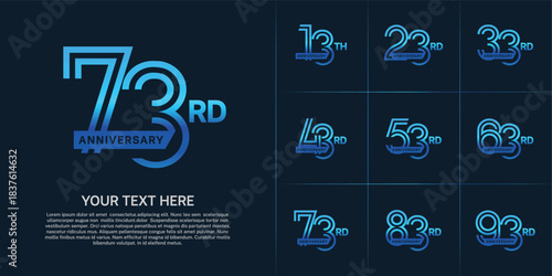 Anniversary logo type set with double line number. blue color with ribbon for celebration event