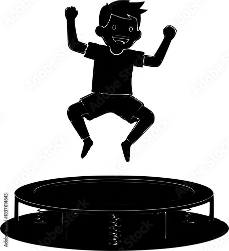 Silhouette of a boy joyfully jumping on a trampoline.