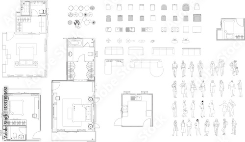 2D Floor Plan of Bedroom, Kitchen Set, and Small Bedroom with Furniture Layout and Drafting Equipment
