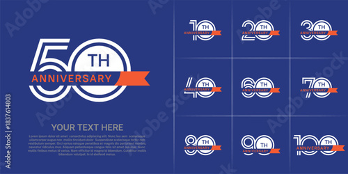 Anniversary logo type set with double line number. white color with small orange ribbon for celebration event