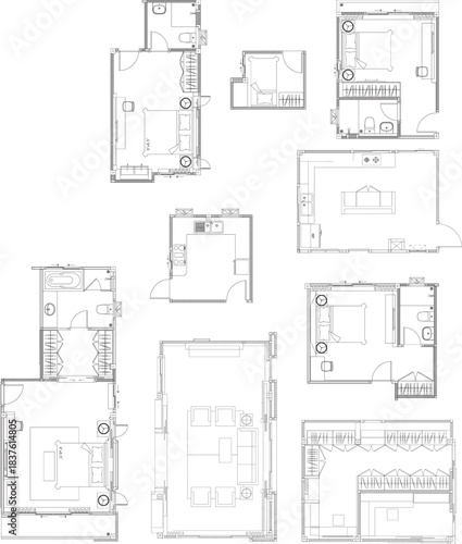 2D Interior Design Drawing – Furniture Layout Plans for Bedroom, Kitchen, Living Room, and Dressing Room
