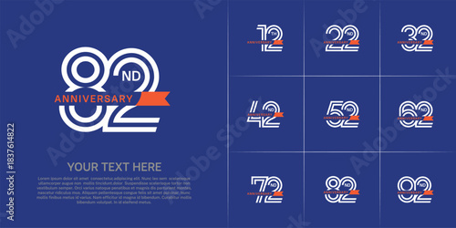 Anniversary logo type set with double line number. white color with small orange ribbon for celebration event