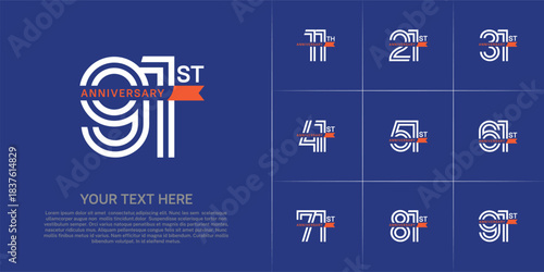 Anniversary logo type set with double line number. white color with small orange ribbon for celebration event