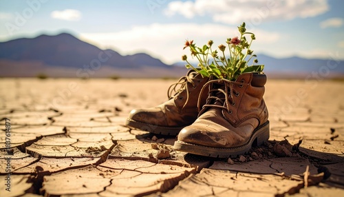 Boots, cracked desert earth, growing plants
