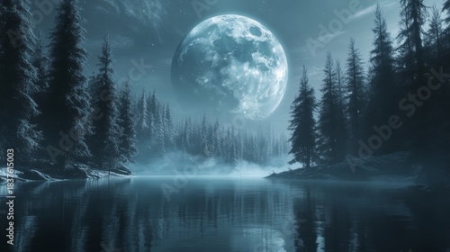 Hyper-realistic dark forest scene with towering pines reflected in glacial lake, enormous moon creating dramatic shadows, swirling snow particles, volumetric fog, otherworldly atmosphere