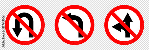 turn left prohibited road sign collection, no forward and left turn allowed, move direction forbidden, red crossed circle vector pictogram