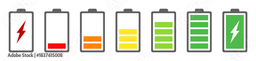 battery power level icon set, red empty pictogram, green full charged symbol, charging indicator