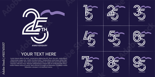Anniversary logo type set with double line number. white color with purple long ribbon for celebration event