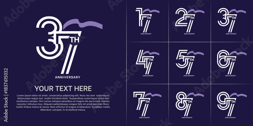 Anniversary logo type set with double line number. white color with purple long ribbon for celebration event