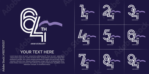 Anniversary logo type set with double line number. white color with purple long ribbon for celebration event