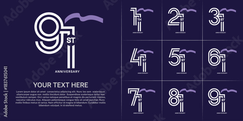Anniversary logo type set with double line number. white color with purple long ribbon for celebration event