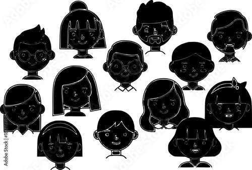 Collection of stylized black and white cartoon faces representing diverse individuals.