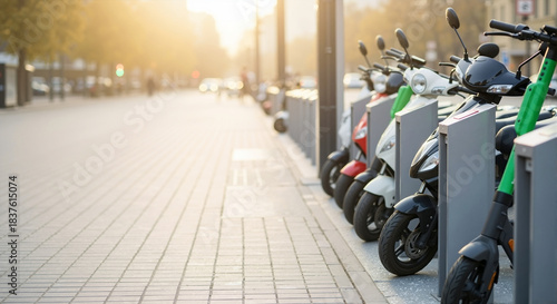 Fototapeta Naklejka Na Ścianę i Meble -  Row of parked electric scooters on city street at sunset. Modern urban mobility and eco transport concept. Copy space for text