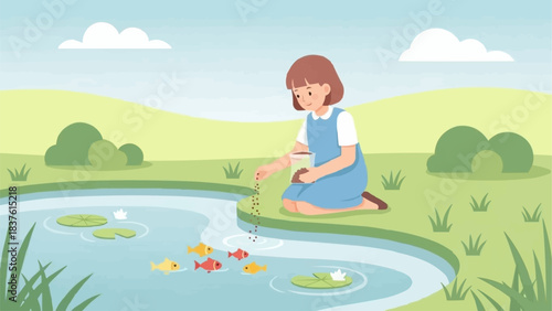A young girl in a blue dress kneels to feed colorful fish in a pond.