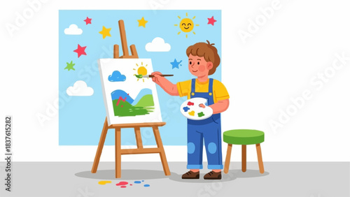 Young boy painting a vibrant landscape on an easel with a brush and palette.