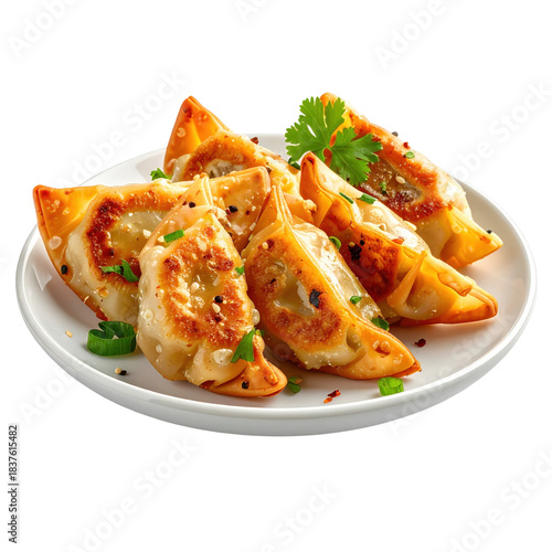 Golden brown fried momos with a delicate, crispy wrapper and juicy filling, beautifully presented and isolated on white