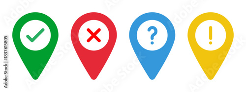 green check icon, red cross symbol, blue question mark, yellow exclamation point, navigation vector solid signs, map location pins