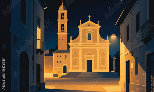 City With Historic Church Buildings Illustrator Artwork Banner Background Design Template 