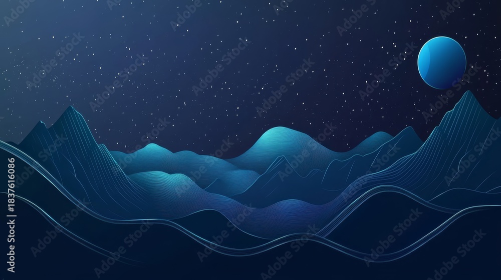 Obraz premium Minimalist vector art of lunar landscape with simplified geometric crater forms, layers of abstract mountain silhouettes against deep space background with stylized star patterns