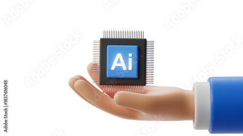 Adobe Illustrator logo on microchip in hand with blue sleeve in soft natural lighting for software marketing