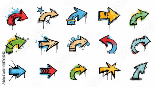 Collection of 15 graffitistyle colorful arrows with dripping paint effects