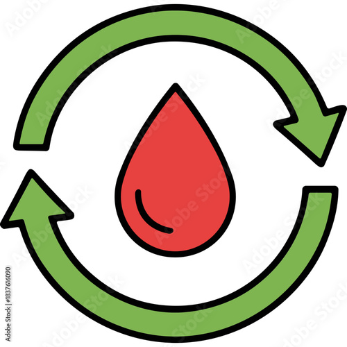 Red Blood Drop Symbol Inside Green Circular Arrows Representing Health Circulation and Medical Care on Black Background