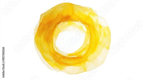 Bold abstract yellow circular form with watercolor medium creating natural variations in opacity, textured paper showing through thinner areas, isolated composition with precise circular shape