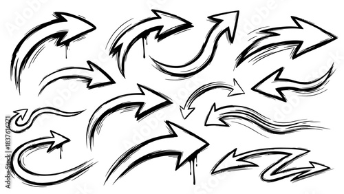 Collection of black handdrawn grungestyle directional arrows on a white background